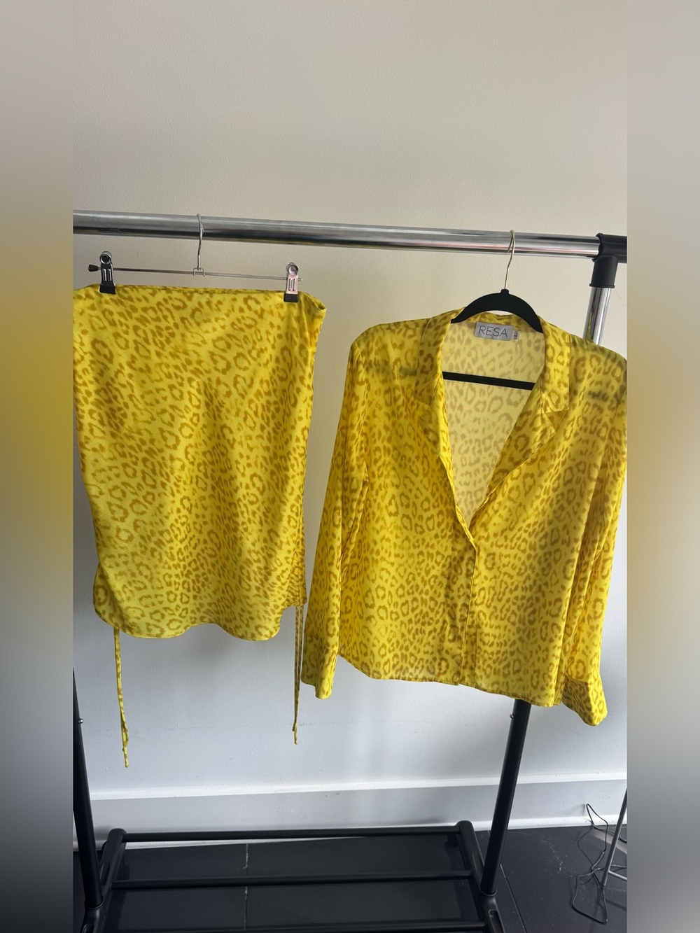 RESA Neon Yellow Leopard Print Shirt and Skirt Set Large